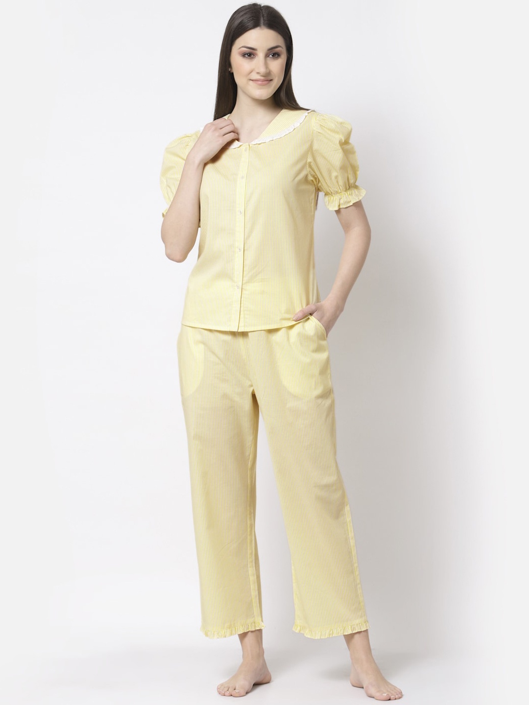 

BLANC9 Women Yellow & White Striped Pure Cotton Night suit