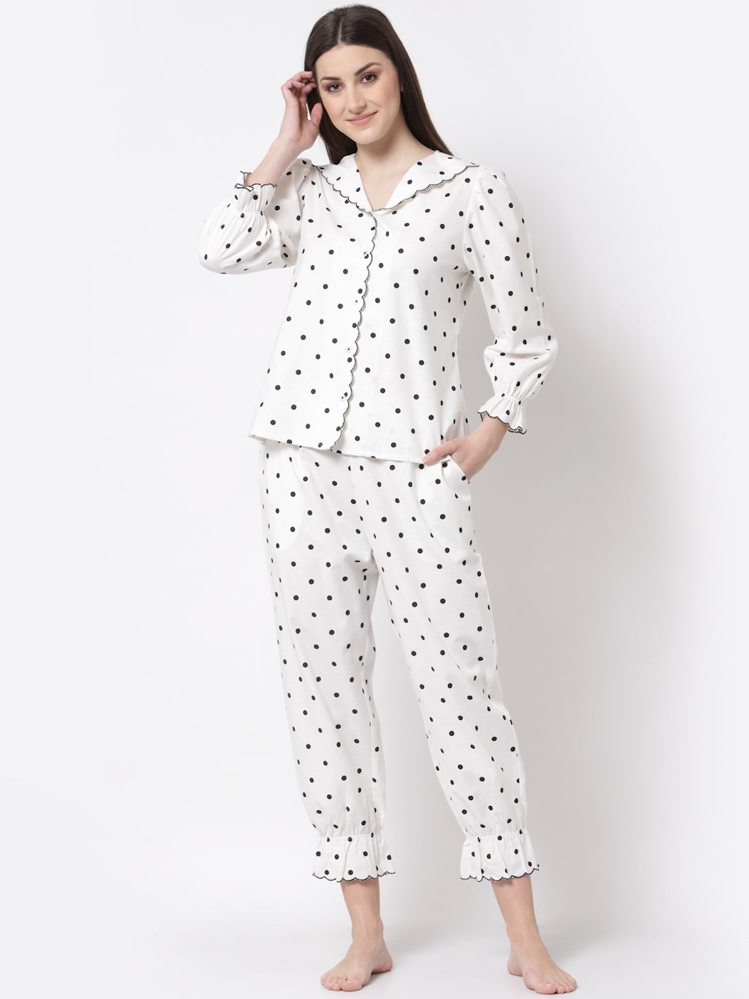 

BLANC9 Women Off White Polka Dots Print Pure Cotton Night Suit