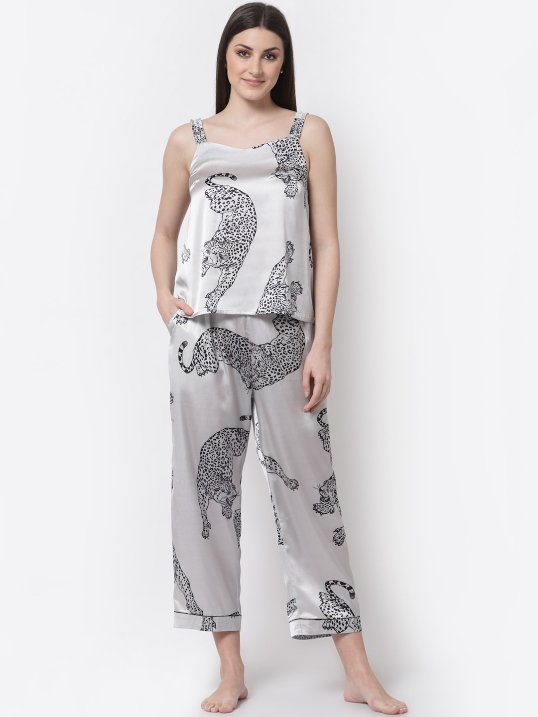 

BLANC9 Women Grey & Black Printed Night Suit