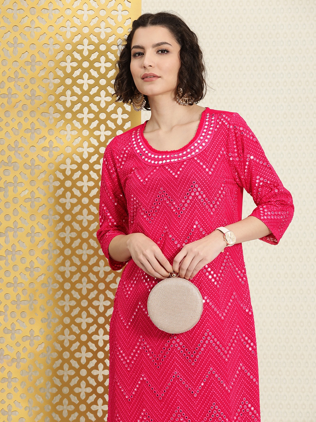

House of Pataudi Women Fuchsia Pink Chevron Embroidered Mirror Work Jashn Kurta