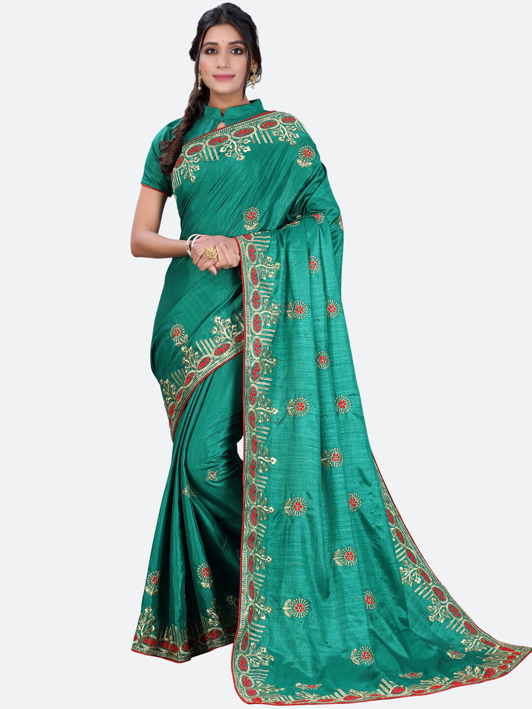 

Satrani Green & Red Floral Embroidered Poly Silk Saree