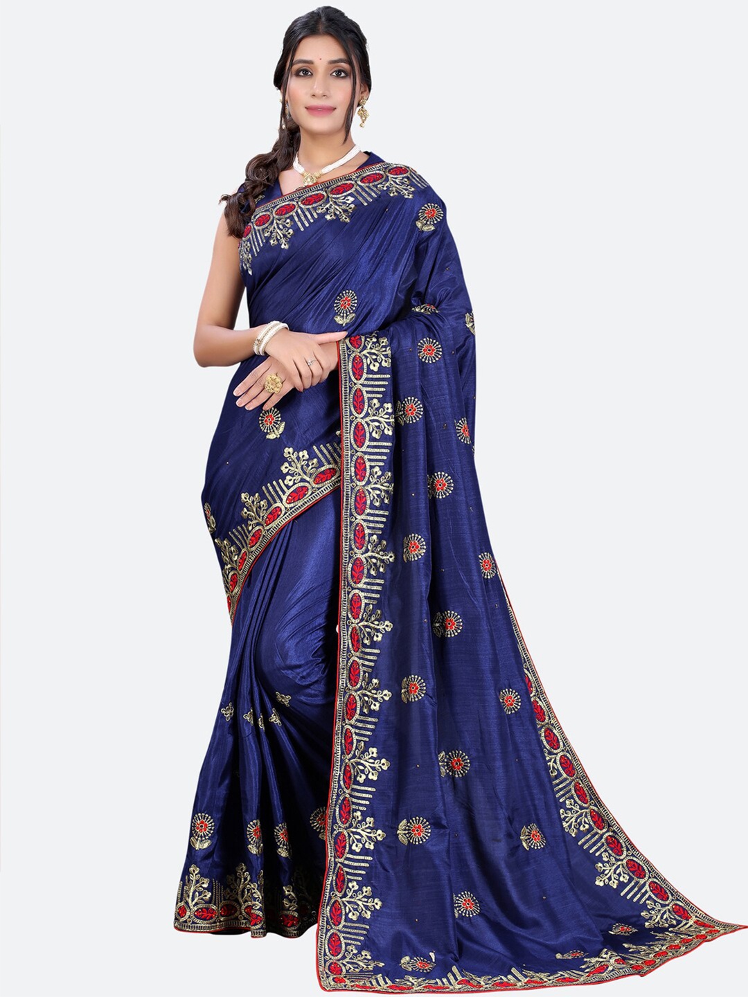 

Satrani Navy Blue & Red Floral Embroidered Poly Silk Saree