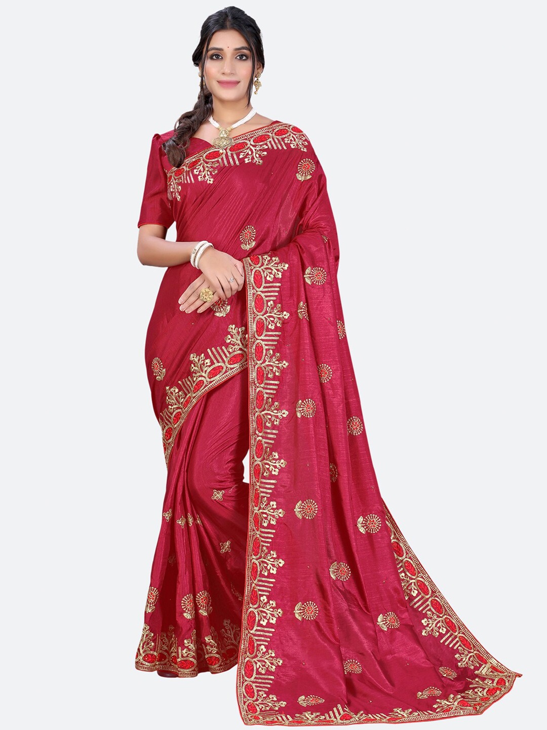 

Satrani Maroon & Gold-Toned Floral Embroidered Poly Silk Saree