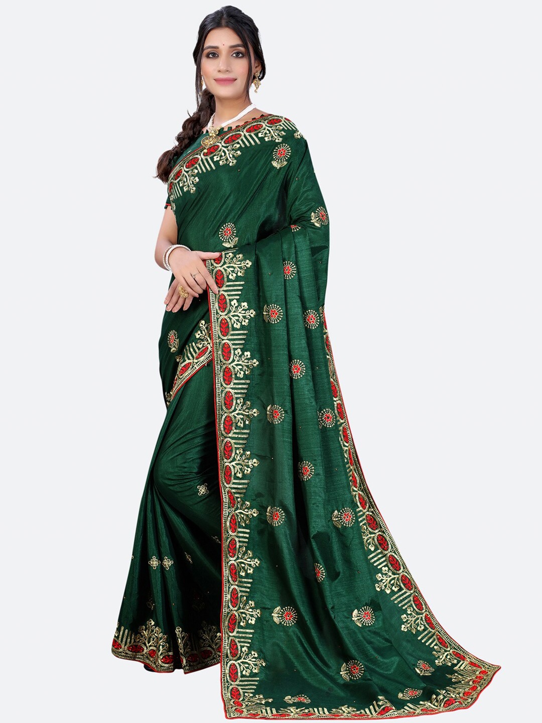 

Satrani Green & Red Floral Embroidered Poly Silk Saree