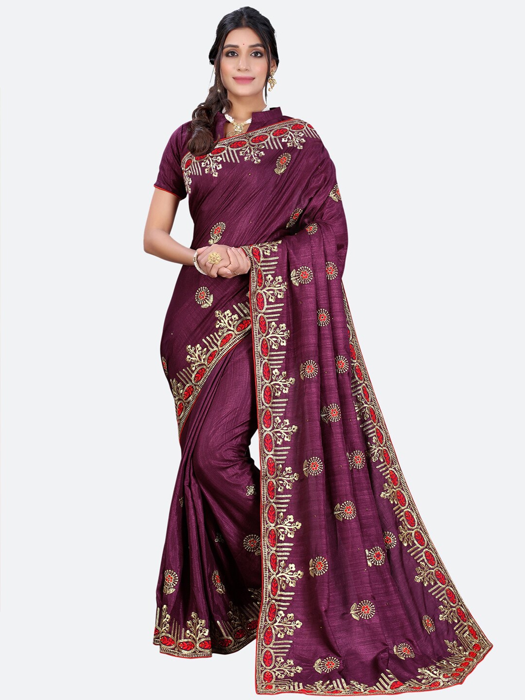

Satrani Purple & Red Floral Embroidered Saree