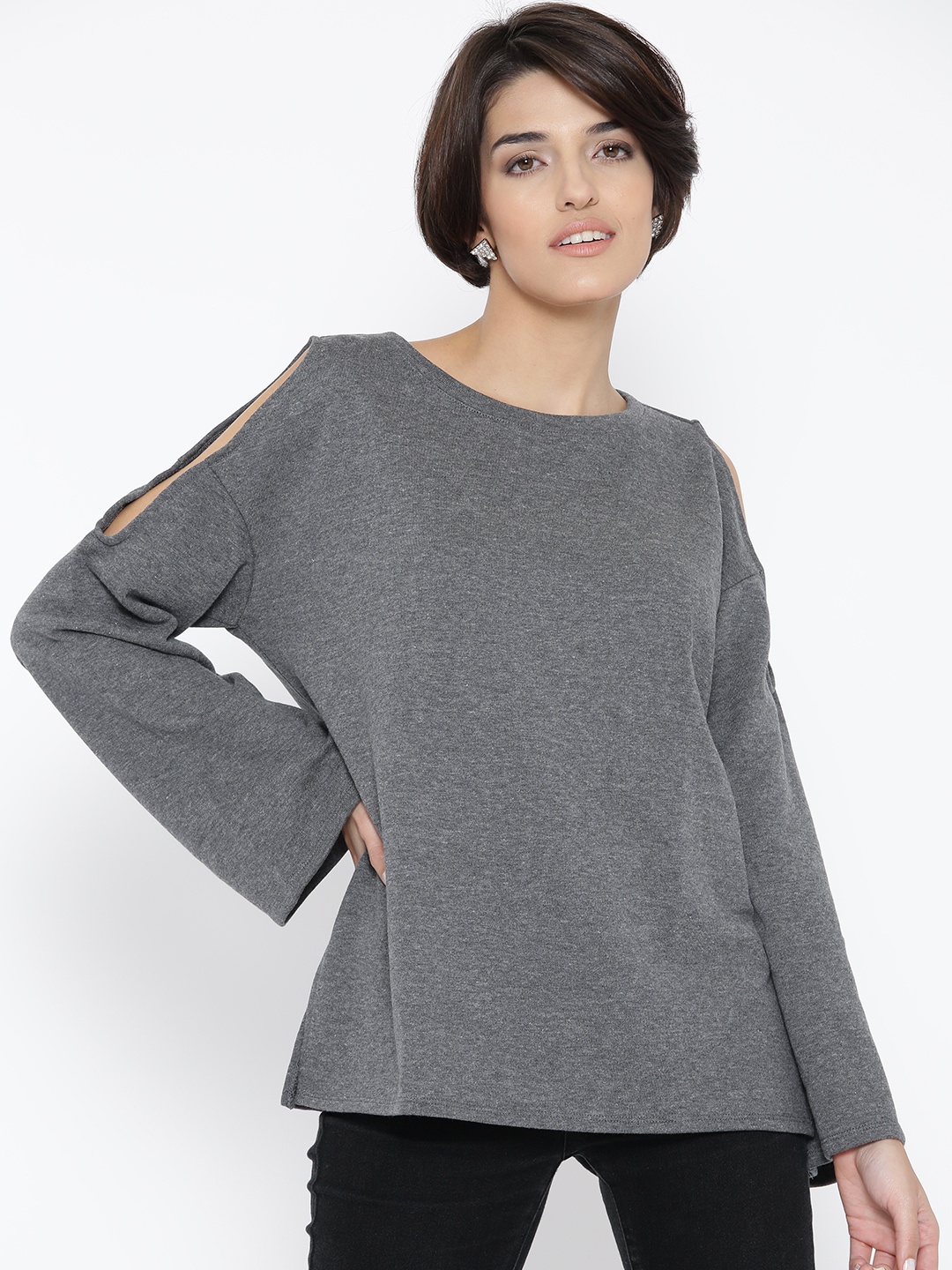 

FOREVER 21 Grey Melange Cold Shoulder Top