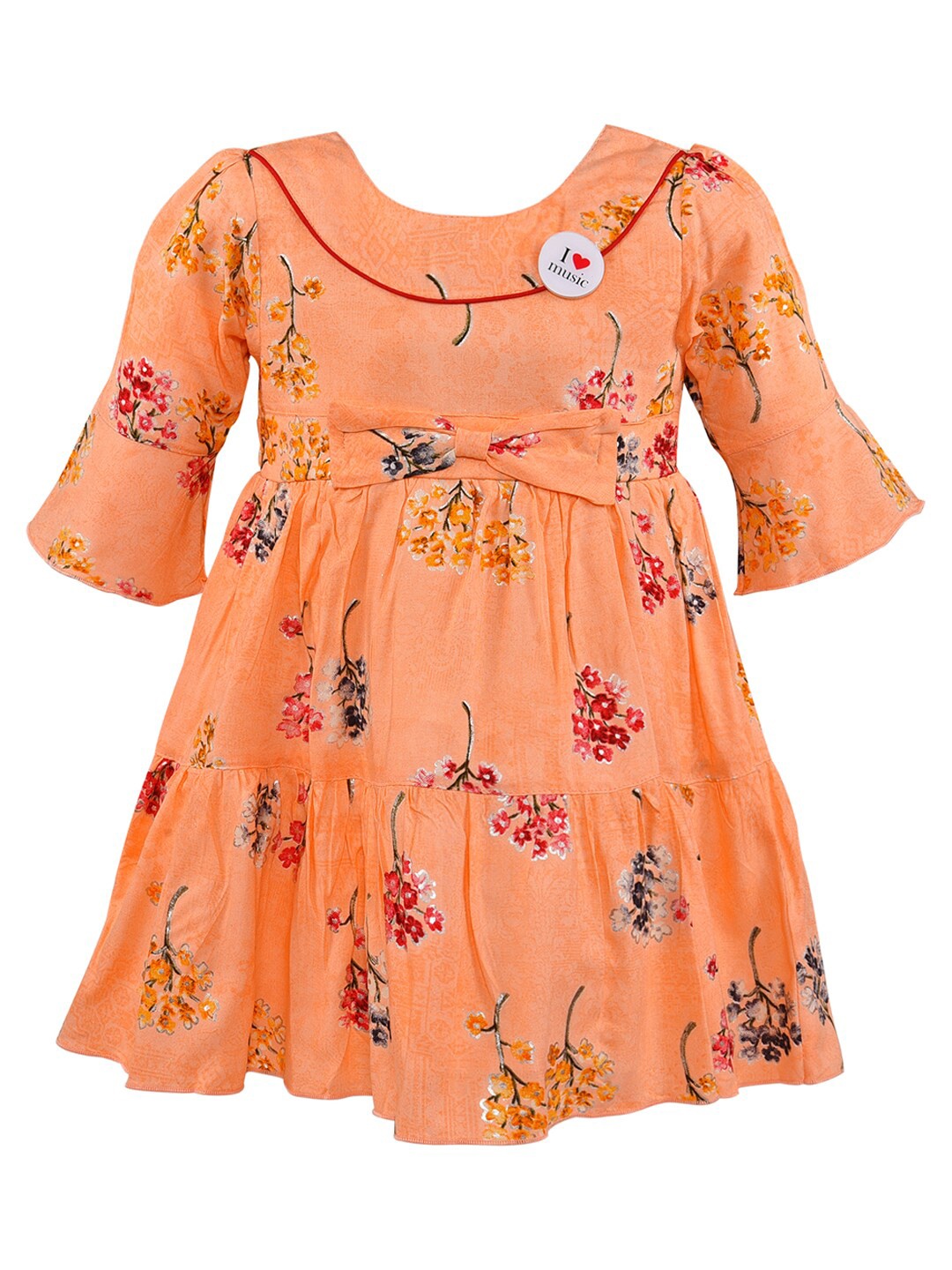 

Wish Karo Orange & Pink Floral Tiered Fit & Flare Dress