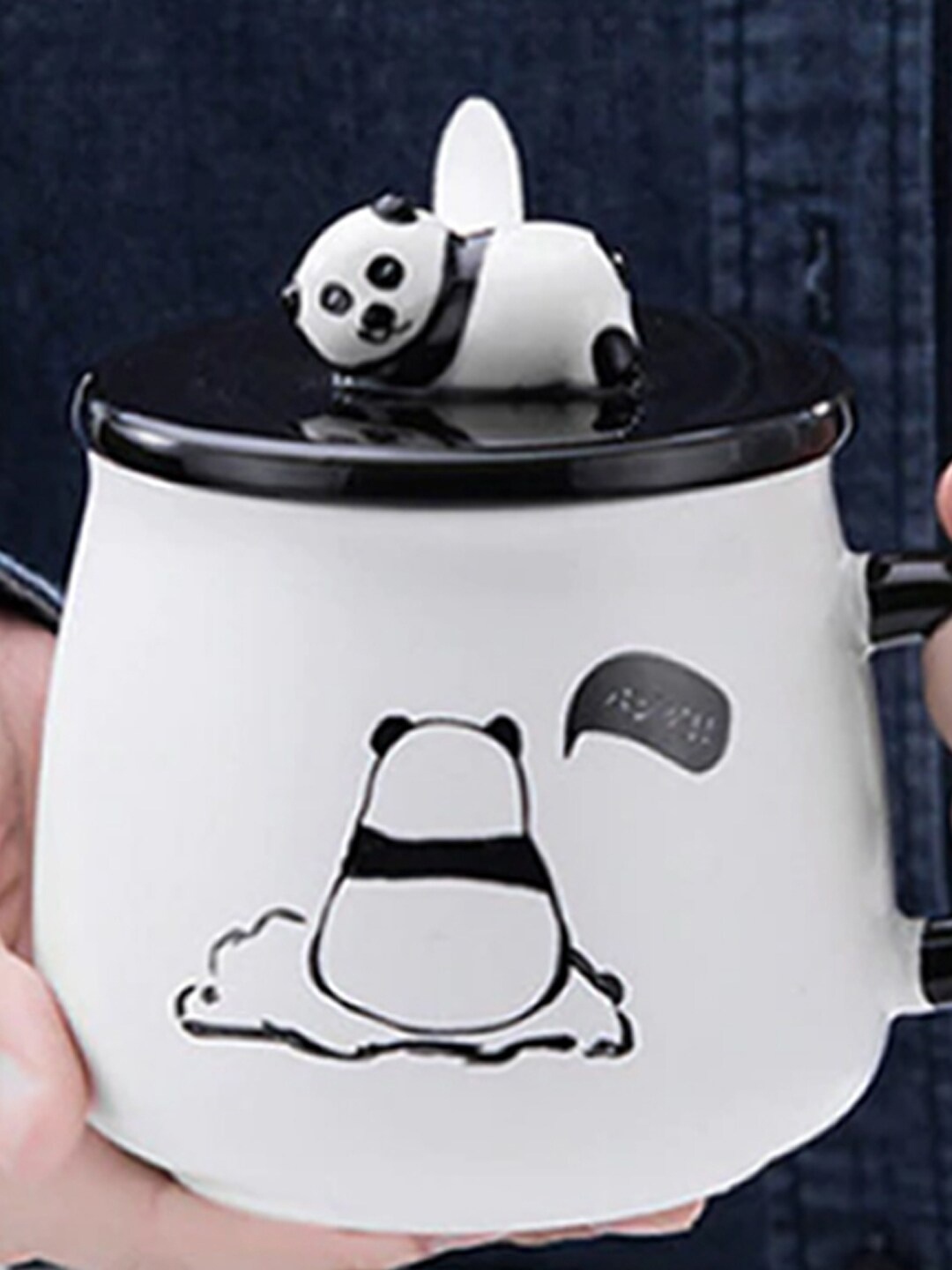 

BonZeaL White & Black Panda Printed Ceramic Glossy Mug With Lid & Spoon 300 ml