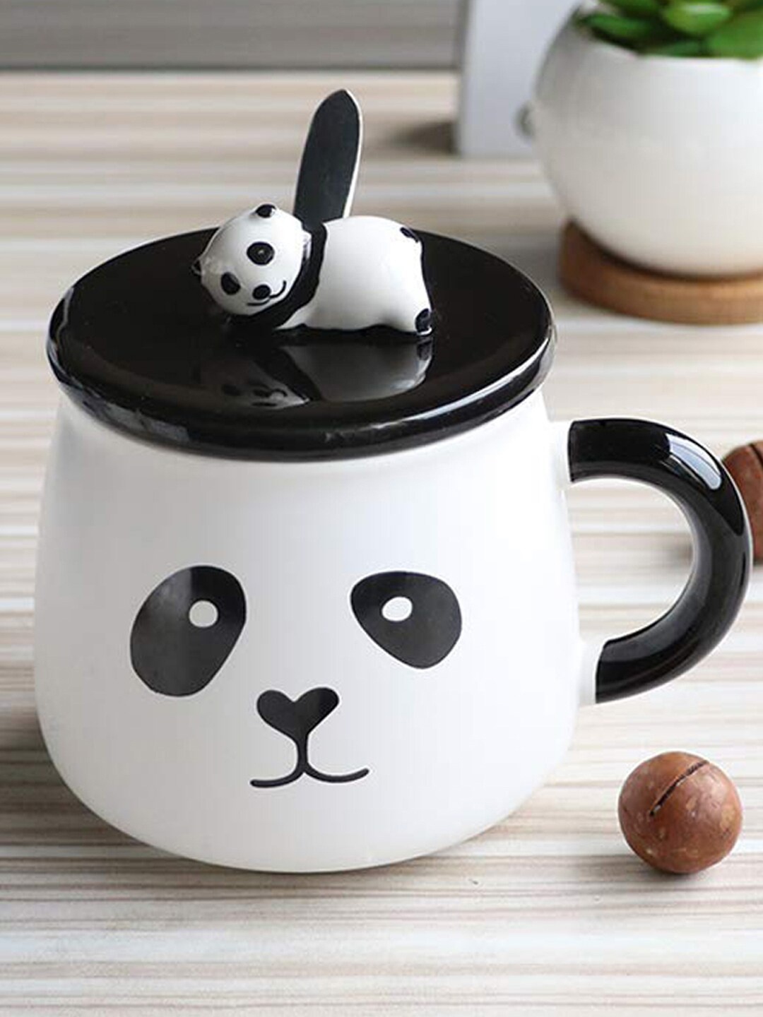

BonZeaL White & Black Hand Painted Printed Ceramic Glossy Mug With Spoon & Lid
