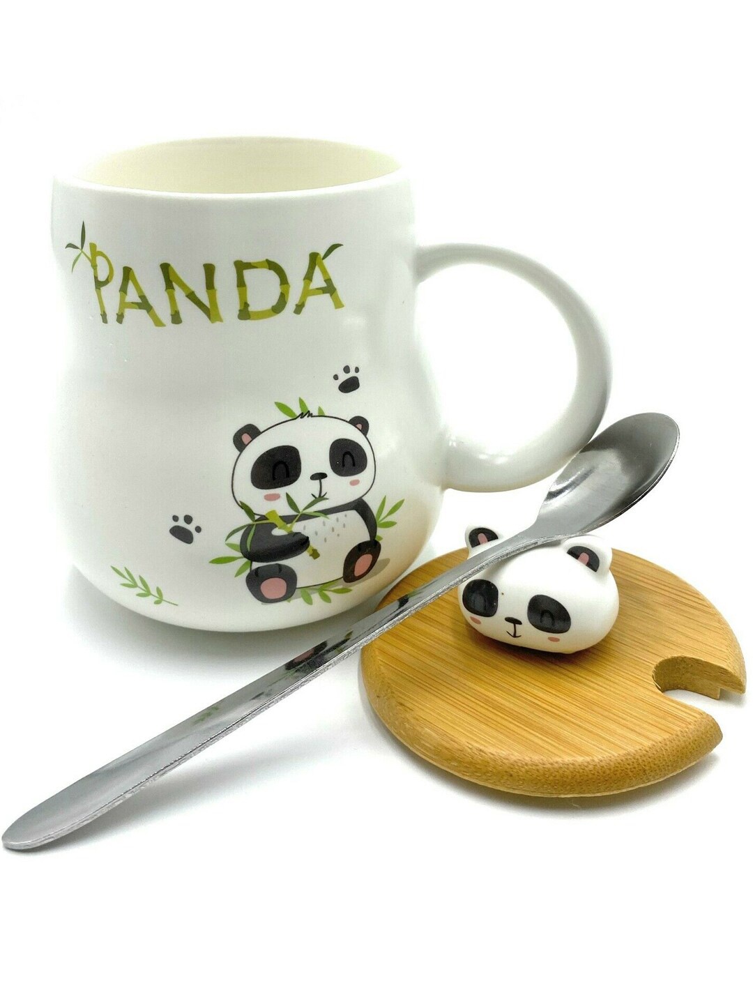 

BonZeaL White & Green Printed Ceramic Glossy Mug With Spoon & Lid