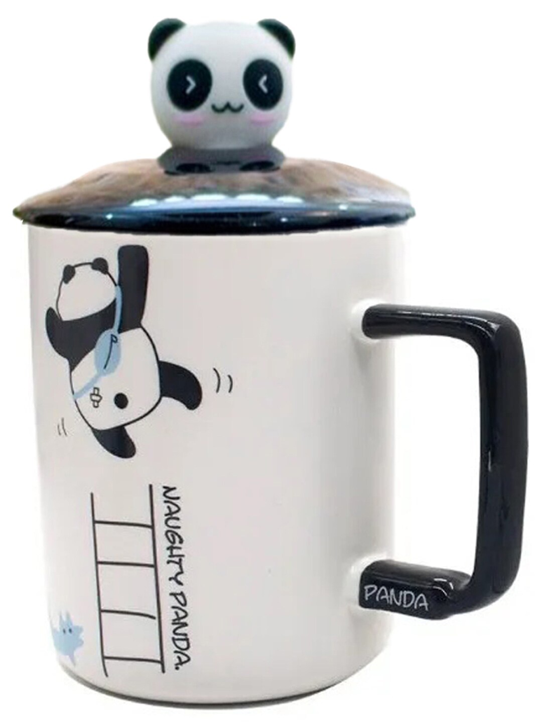 

BonZeaL White & Black Panda Printed Ceramic Glossy Mug With Lid & Spoon 300 ml