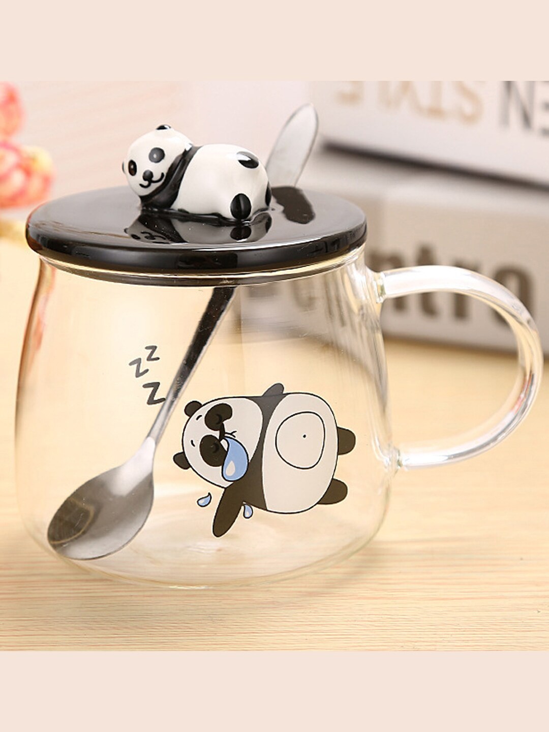 

BonZeaL Transparent & Black Panda Printed Glass Transparent Mug With Lid & Spoon 450 ml