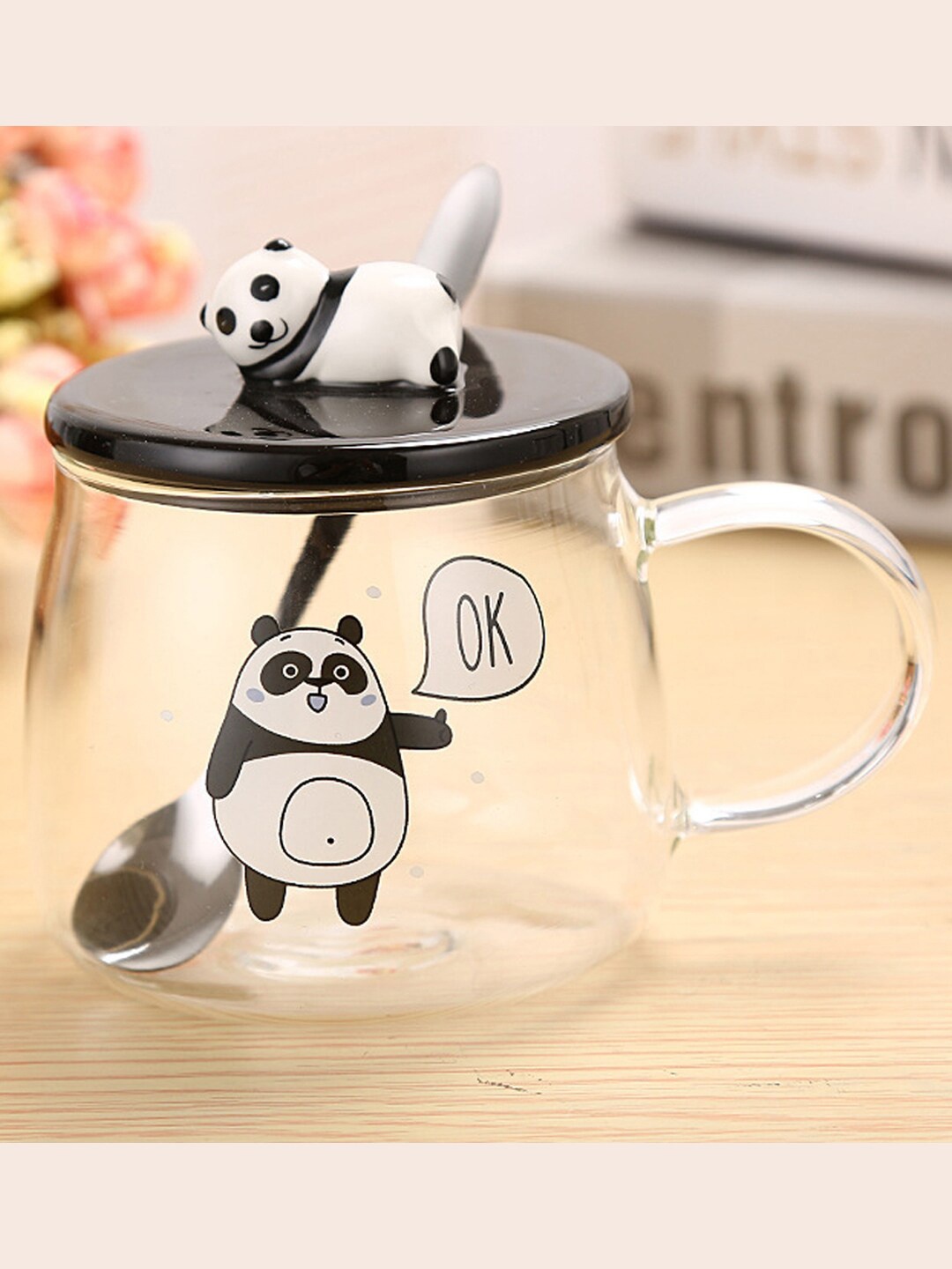 

BonZeaL Transparent & Black Panda Printed Glass Transparent Mug With Lid & Spoon 450 ml