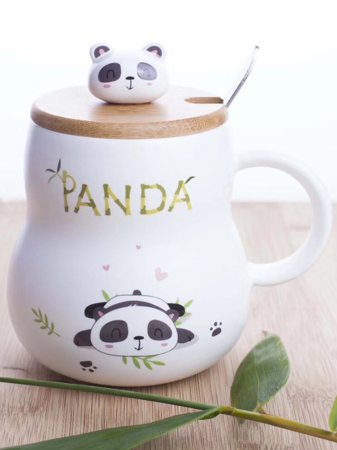 

BonZeaL White & Black Panda Printed Ceramic Glossy Mug With Lid & Spoon 400 ml