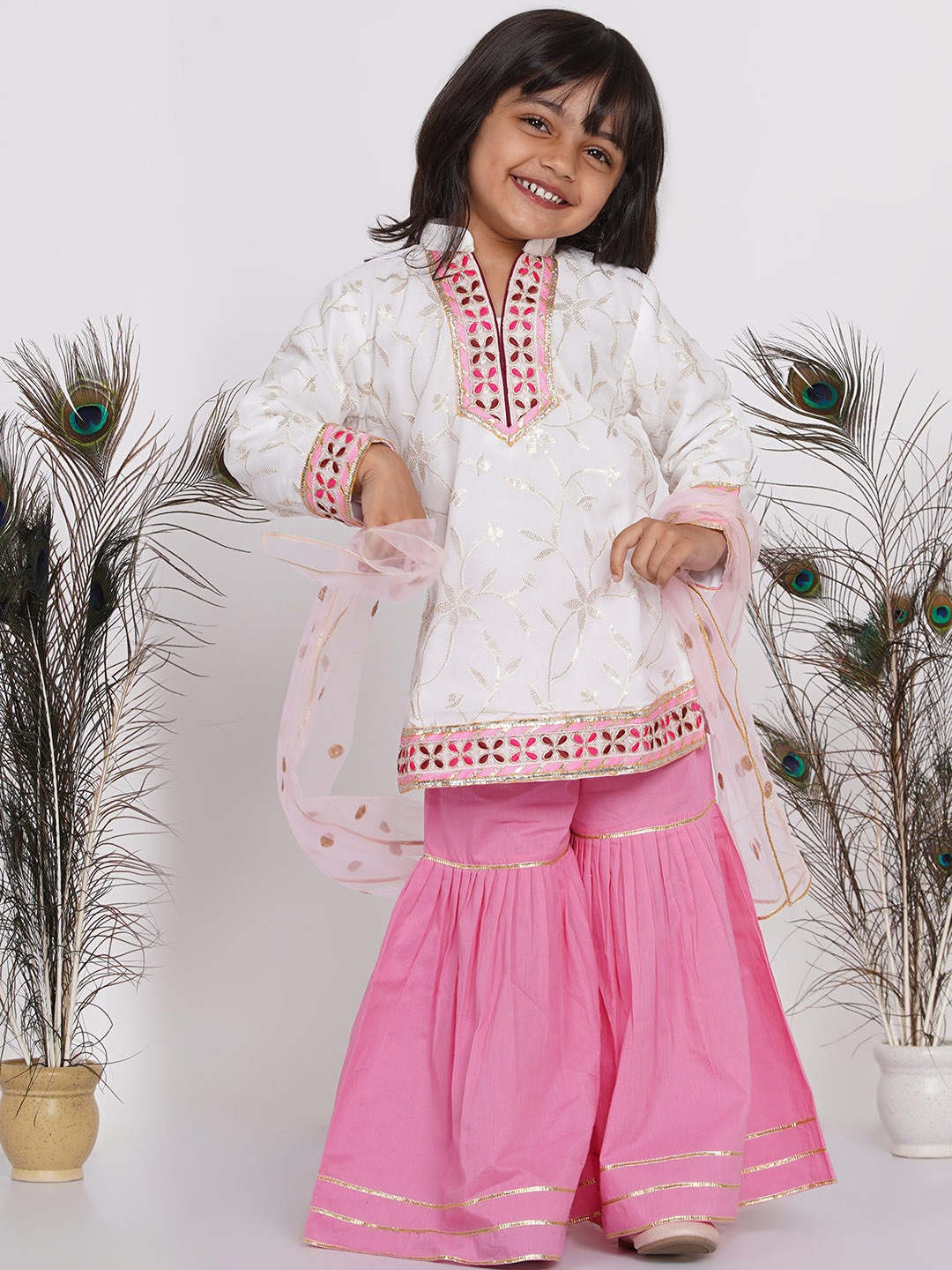 

Little Bansi Girls White Embroidered Kurta with Sharara & With Dupatta