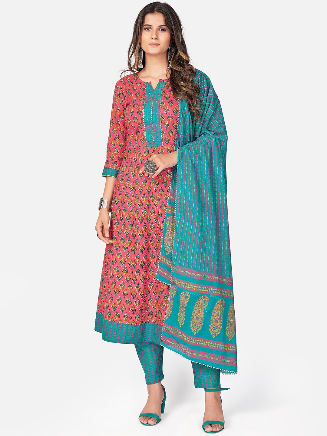 

Vbuyz Women Pink & Teal Printed Pure Cotton Kurta with Trousers & With Dupatta