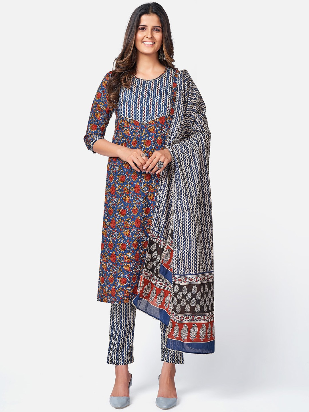 

KALINI Women Blue Floral Printed Sequinned Pure Cotton Kurta with Trousers & With Dupatta