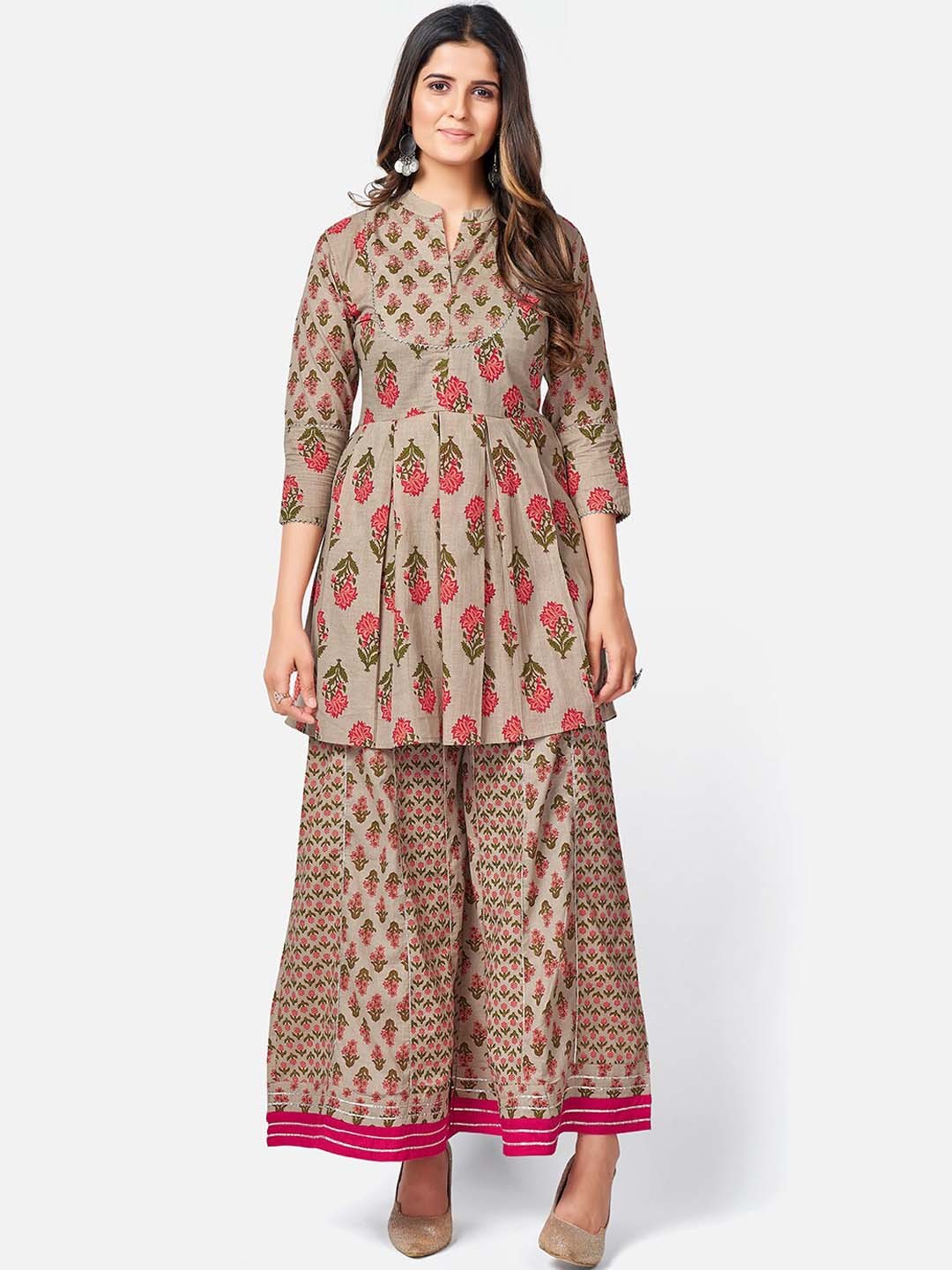 

KALINI Women Grey Ethnic Motifs Printed Sequinned Pure Cotton Kurti with Palazzos & With Dupatta