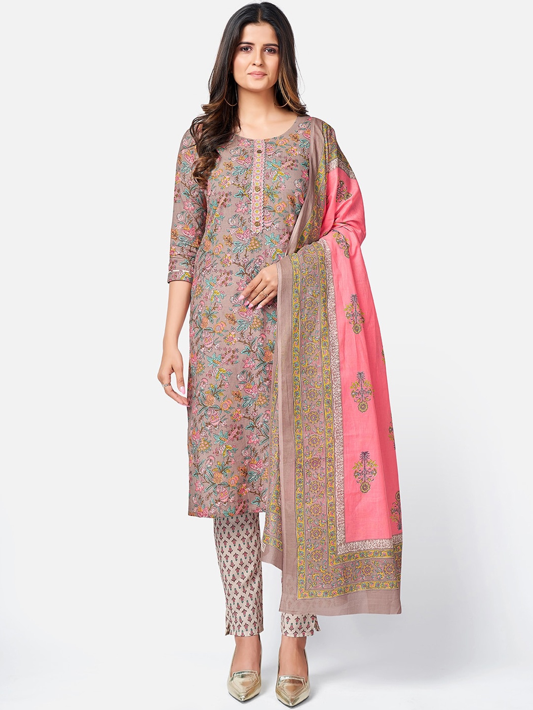 

KALINI Women Grey & Peach Floral Printed Pure Cotton Kurta Set