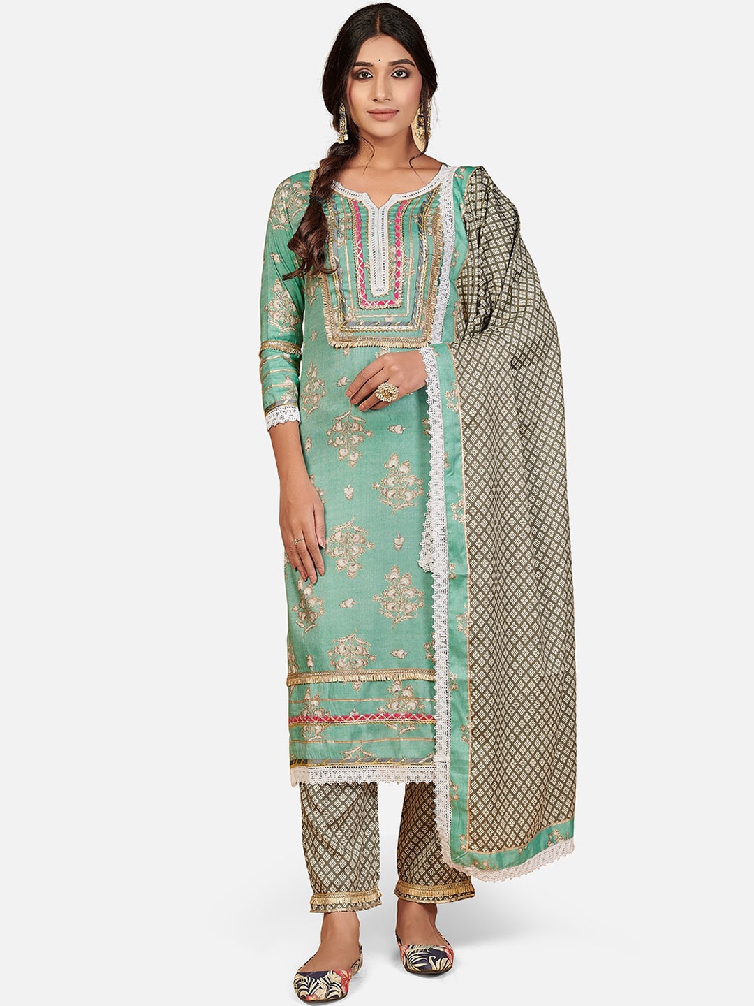 

Vbuyz Ethnic Motifs Printed Gotta Patti Kurta with Palazzos & With Dupatta, Turquoise blue