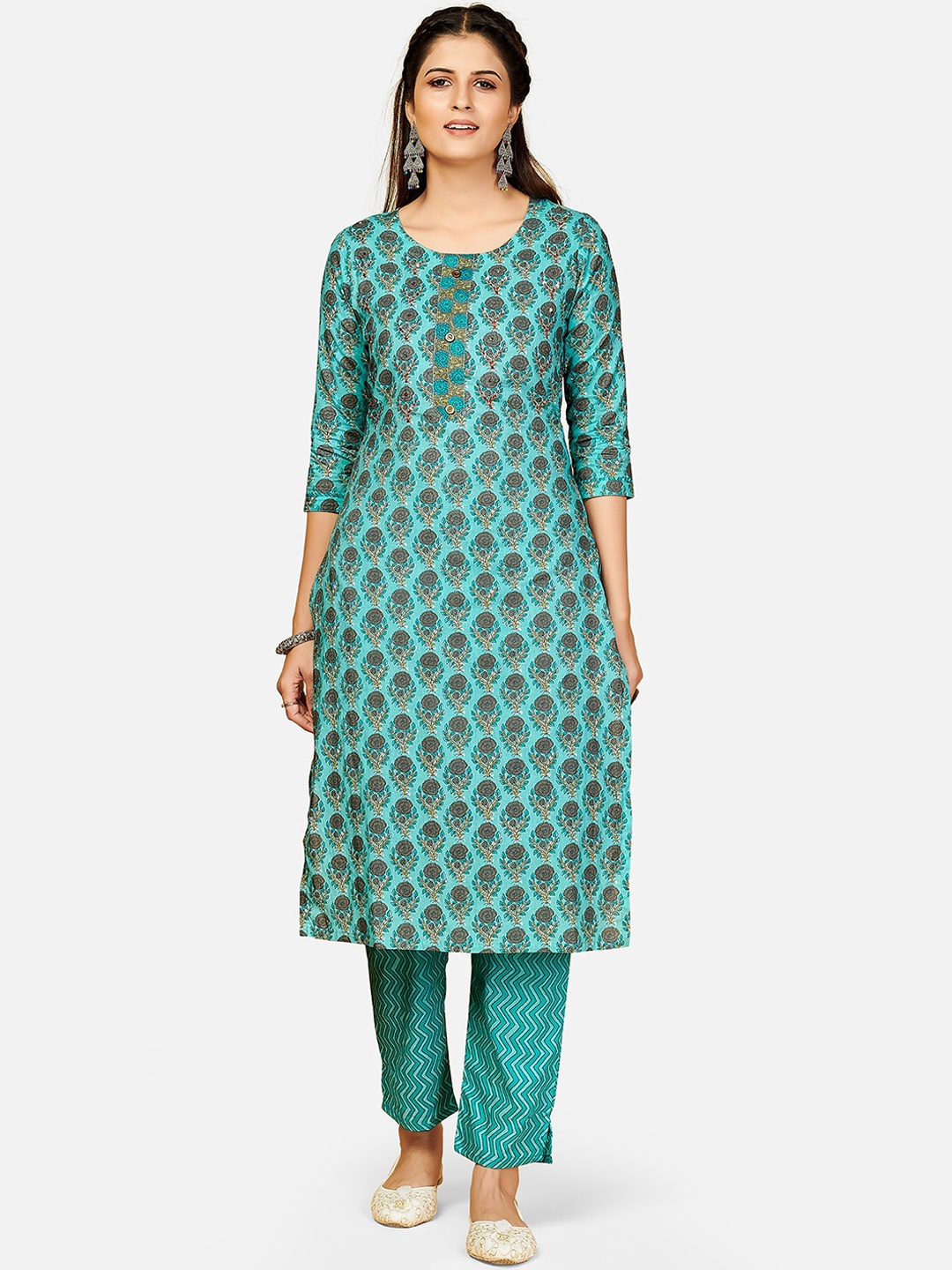 

KALINI Women Turquoise Blue & Grey Printed Thread Work Pure Cotton Kurta with Trousers