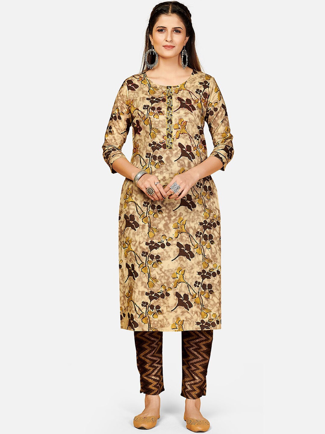 

KALINI Women Beige Ethnic Motifs Printed Thread Work Pure Cotton Kurta with Trousers