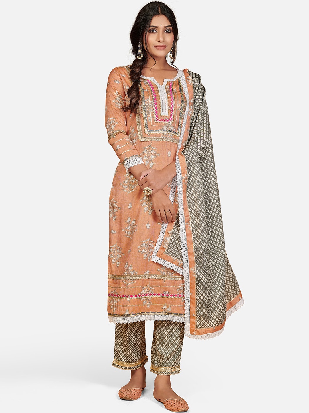 

KALINI Women Orange Ethnic Motifs Printed Lace Gotta Patti Kurta with Trousers & Dupatta