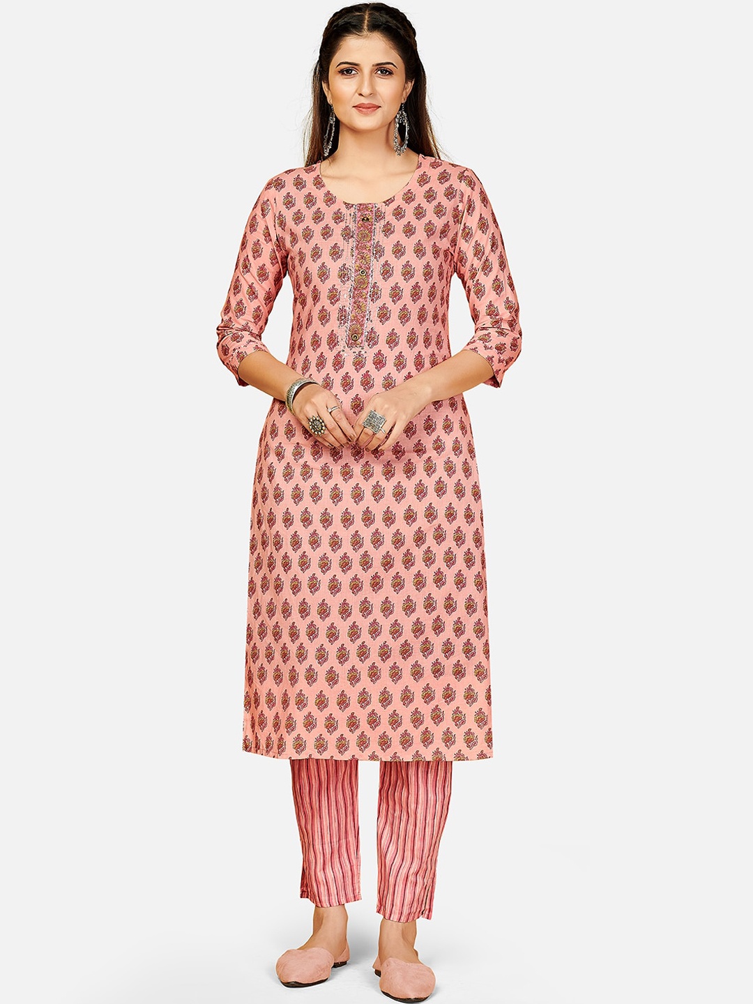 

KALINI Women Pink Floral Printed Pure Cotton Kurta with Trousers