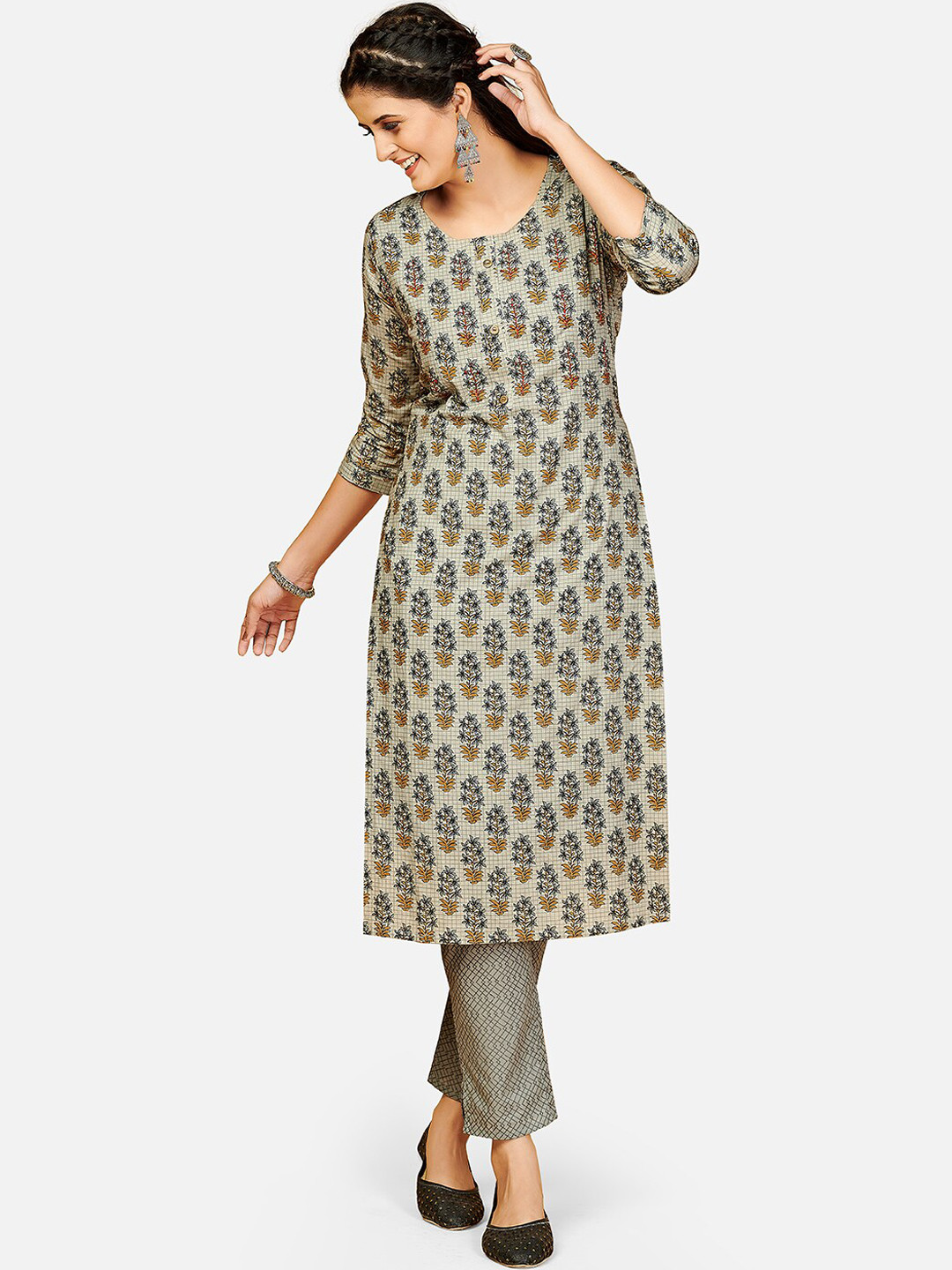 

KALINI Women Grey Ethnic Motifs Printed Pure Cotton Kurta with Trousers