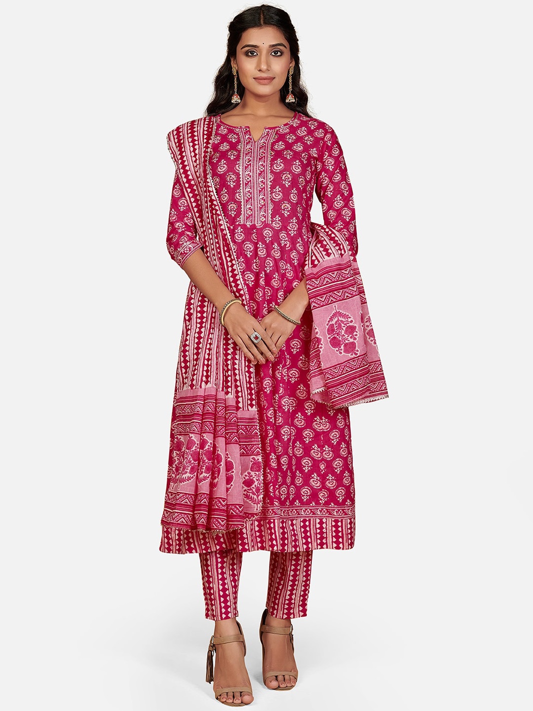 

Vbuyz Ethnic Motifs Printed Thread Work Pure Cotton Kurta with Trousers & With Dupatta, Pink