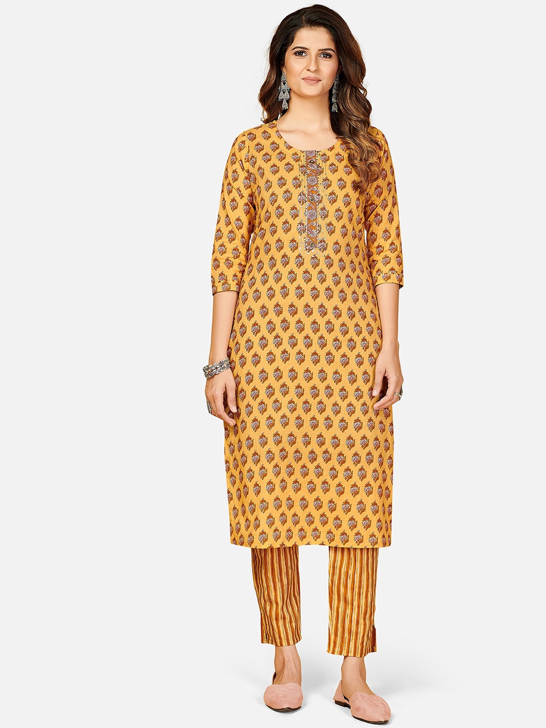 

KALINI Women Yellow & Brown Ethnic Motifs Printed Pure Cotton Kurta with Trousers