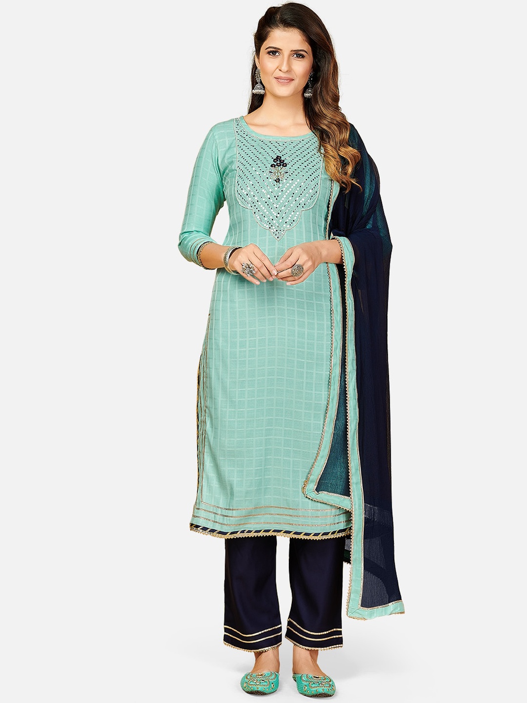 Vbuyz Women Blue & Navy Blue Checked Printed Mirror Work Kurta Set