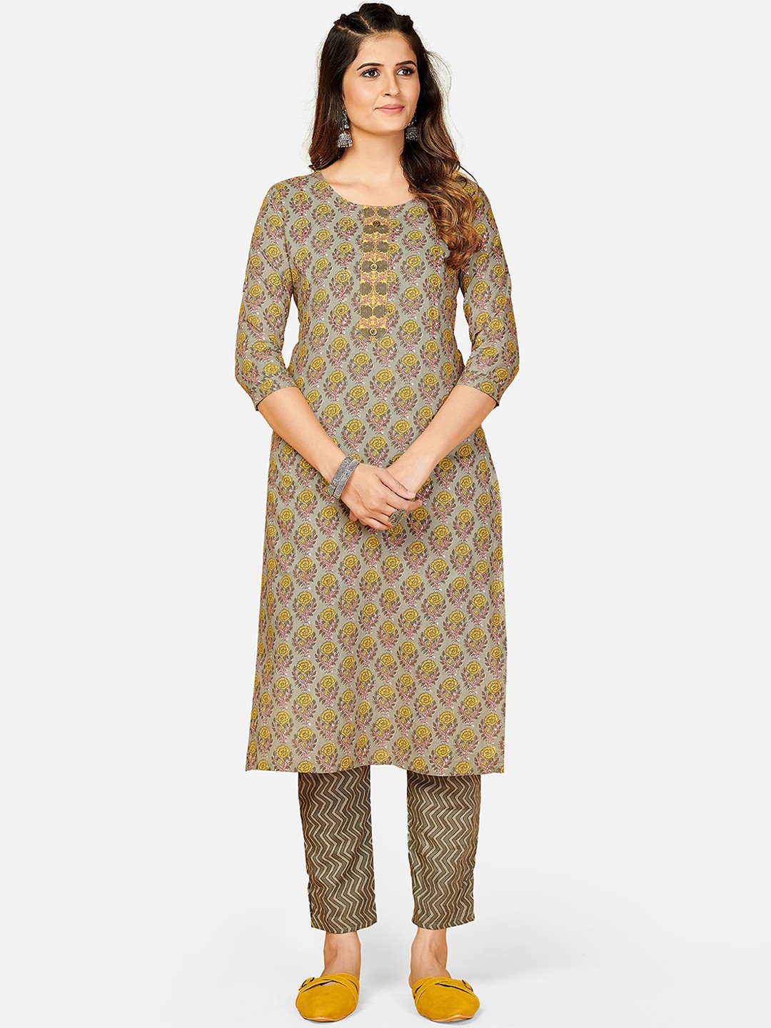 

KALINI Women Grey Ethnic Motifs Printed Thread Work Pure Cotton Kurta with Trousers