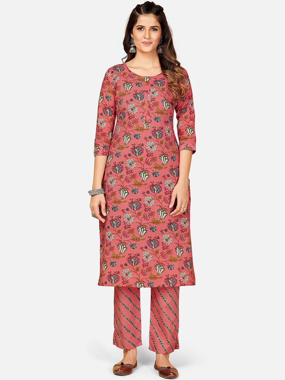 

KALINI Women Rust Floral Printed Sequinned Pure Cotton Straight Kurta with Trousers