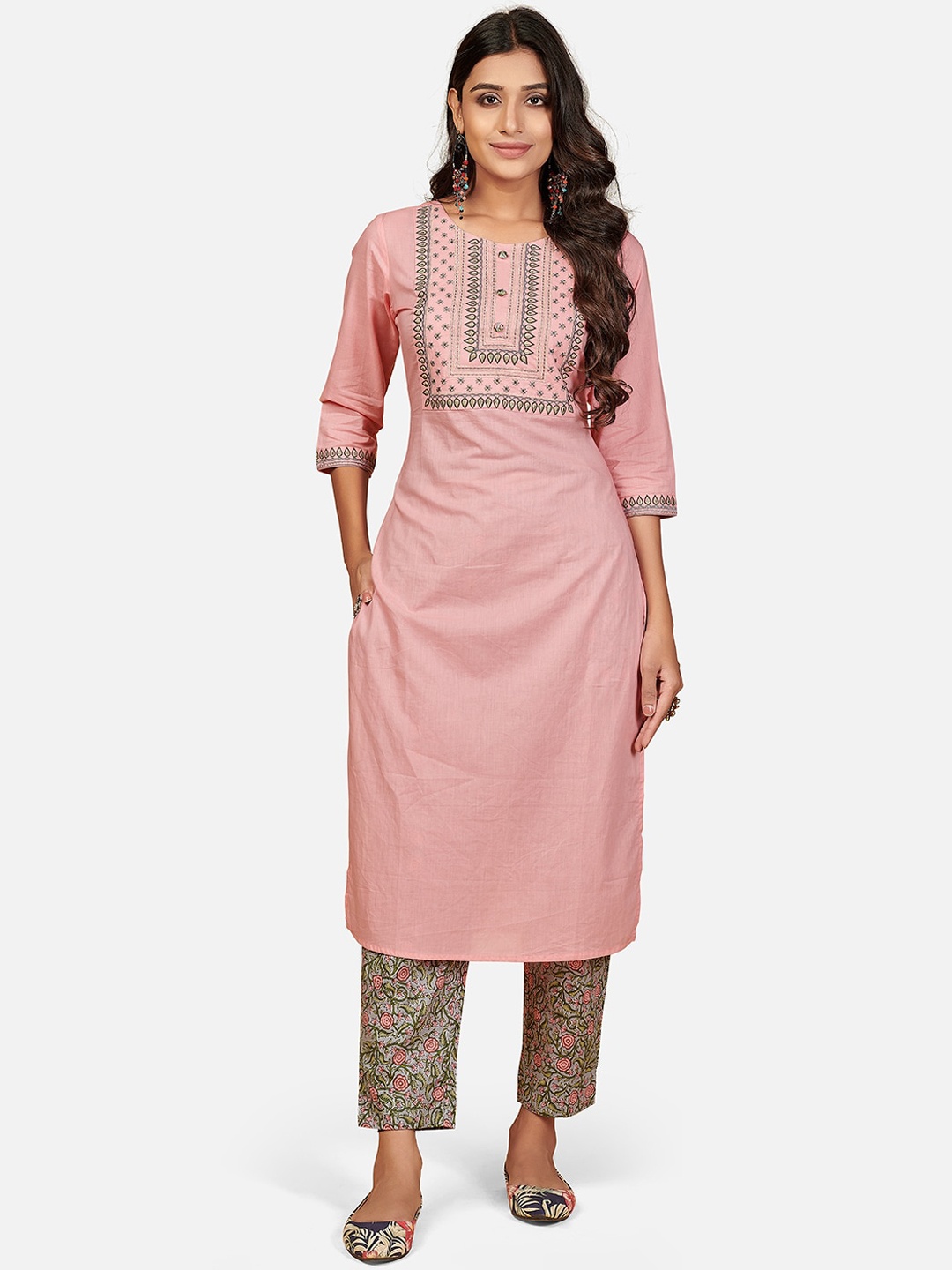 

KALINI Women Pink Ethnic Motifs Yoke Design Pleated Pure Cotton Kurta with Trousers & With Dupatta