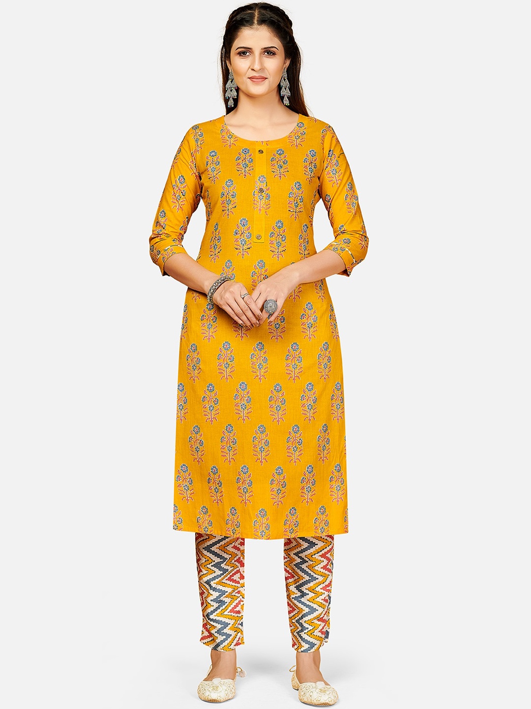 

KALINI Women Yellow Floral Printed Pure Cotton Kurta with Trousers