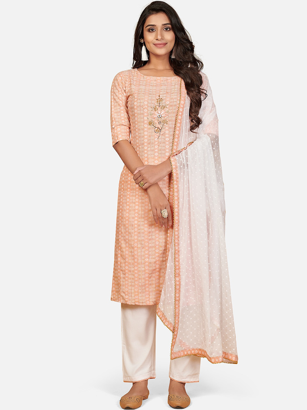 

Vbuyz Women Orange Printed Thread Work Pure Cotton Kurta with Trousers & With Dupatta
