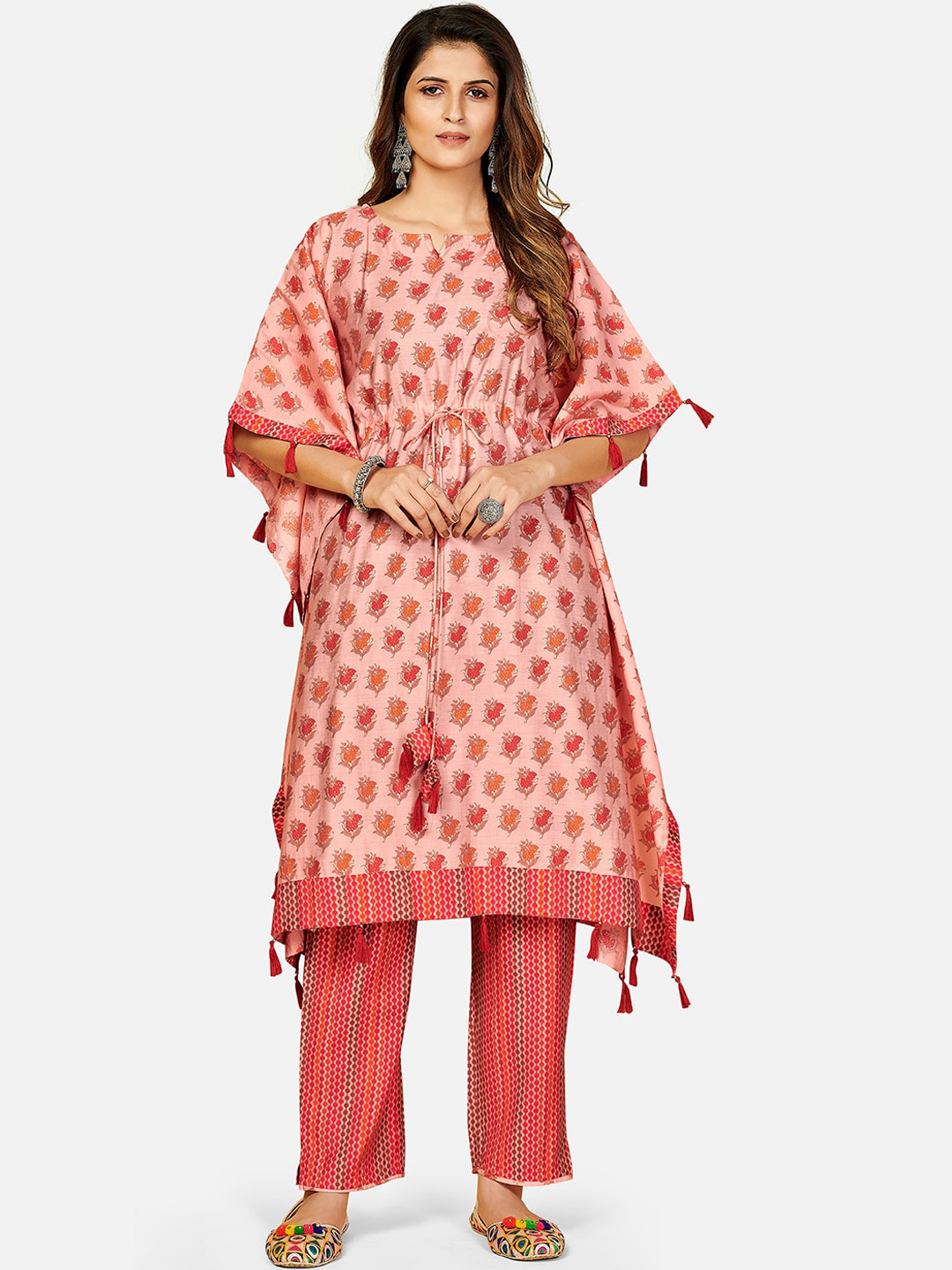 

Vbuyz Women Peach-Coloured Printed Kaftan Kurta with Trousers