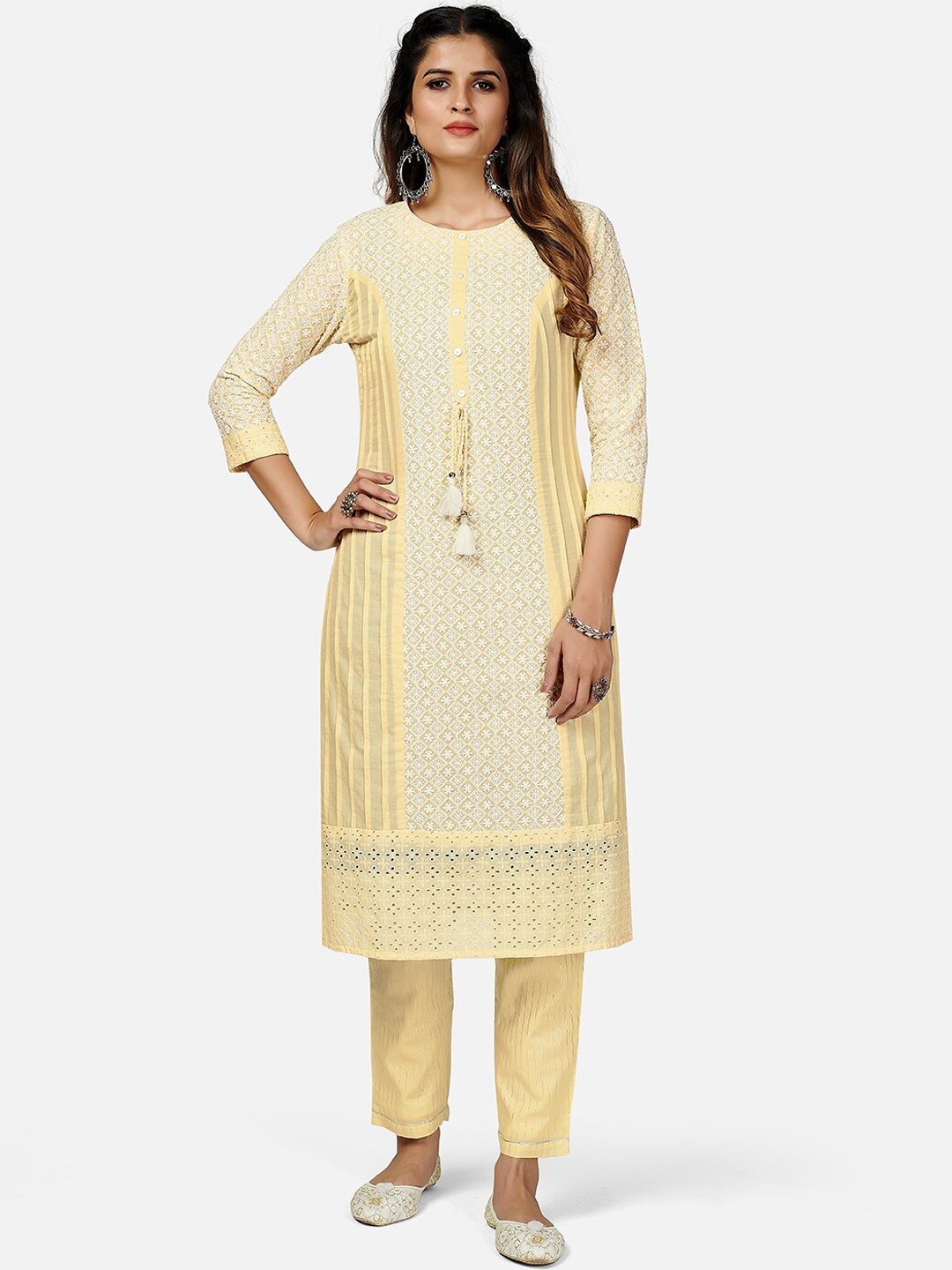 

Vbuyz Women Yellow Ethnic Motifs Printed Chikankari Pure Cotton Kurta with Trousers