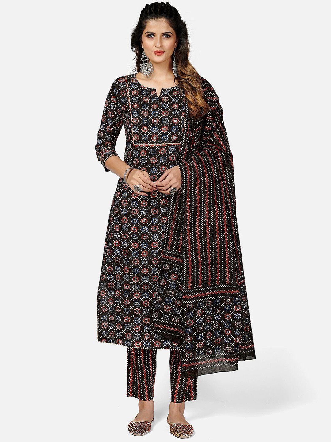 

KALINI Women Black Floral Printed Pure Cotton Kurta with Trousers