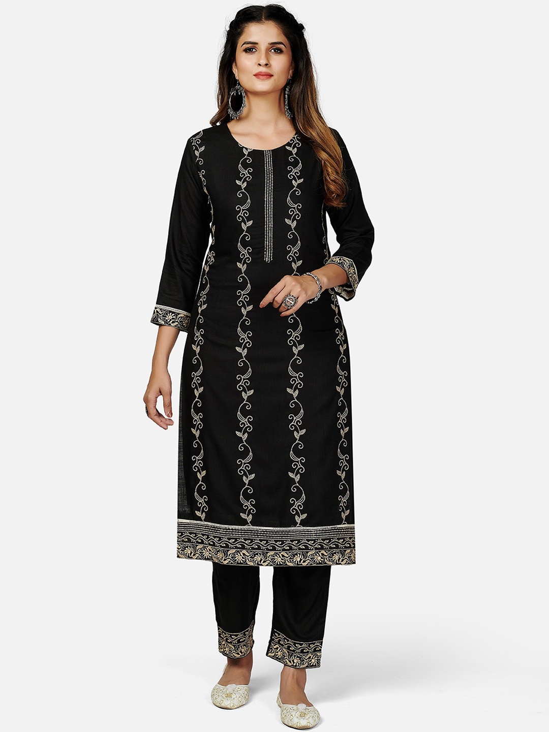 

KALINI Women Black Floral Embroidered Pure Cotton Kurta with Trousers