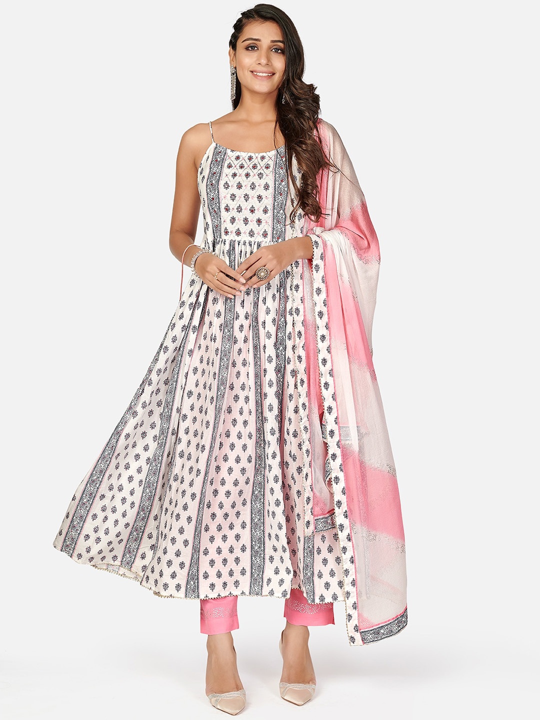 

Vbuyz Women White & White Printed Mirror Work Pure Cotton Kurta with Trousers & Dupatta