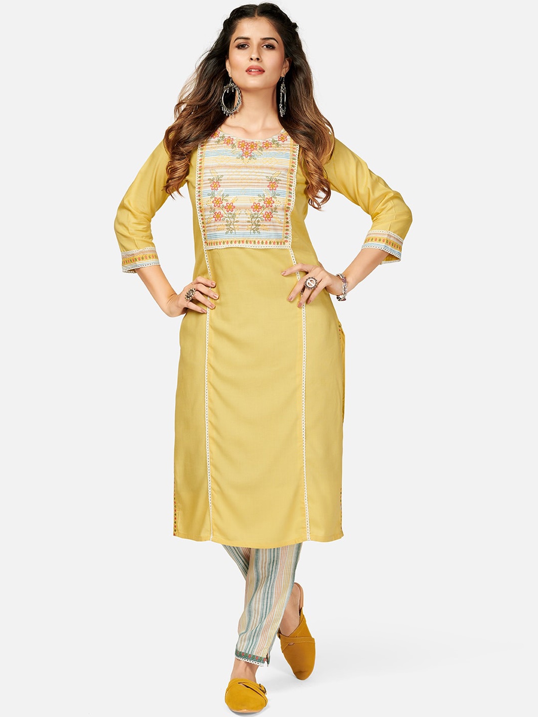 

KALINI Women Yellow & White Yoke Design Thread Work Pure Cotton Kurta with Trousers