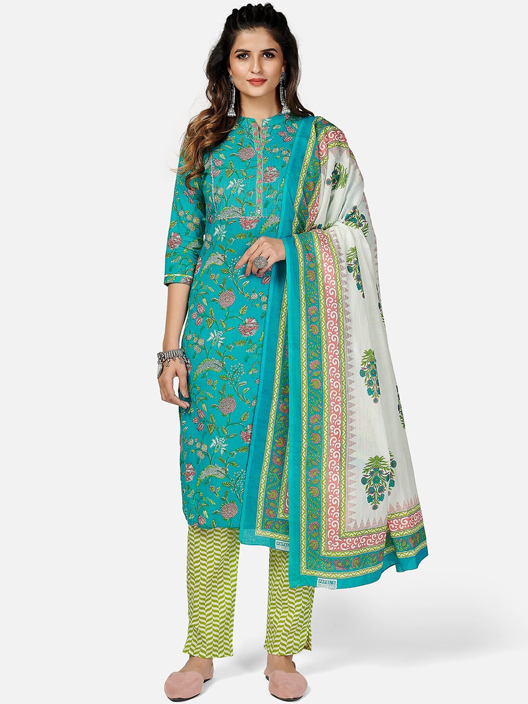

KALINI Women Turquoise Blue Ethnic Motifs Printed Pleated Gotta Patti Pure Cotton Kurti with Churidar & With