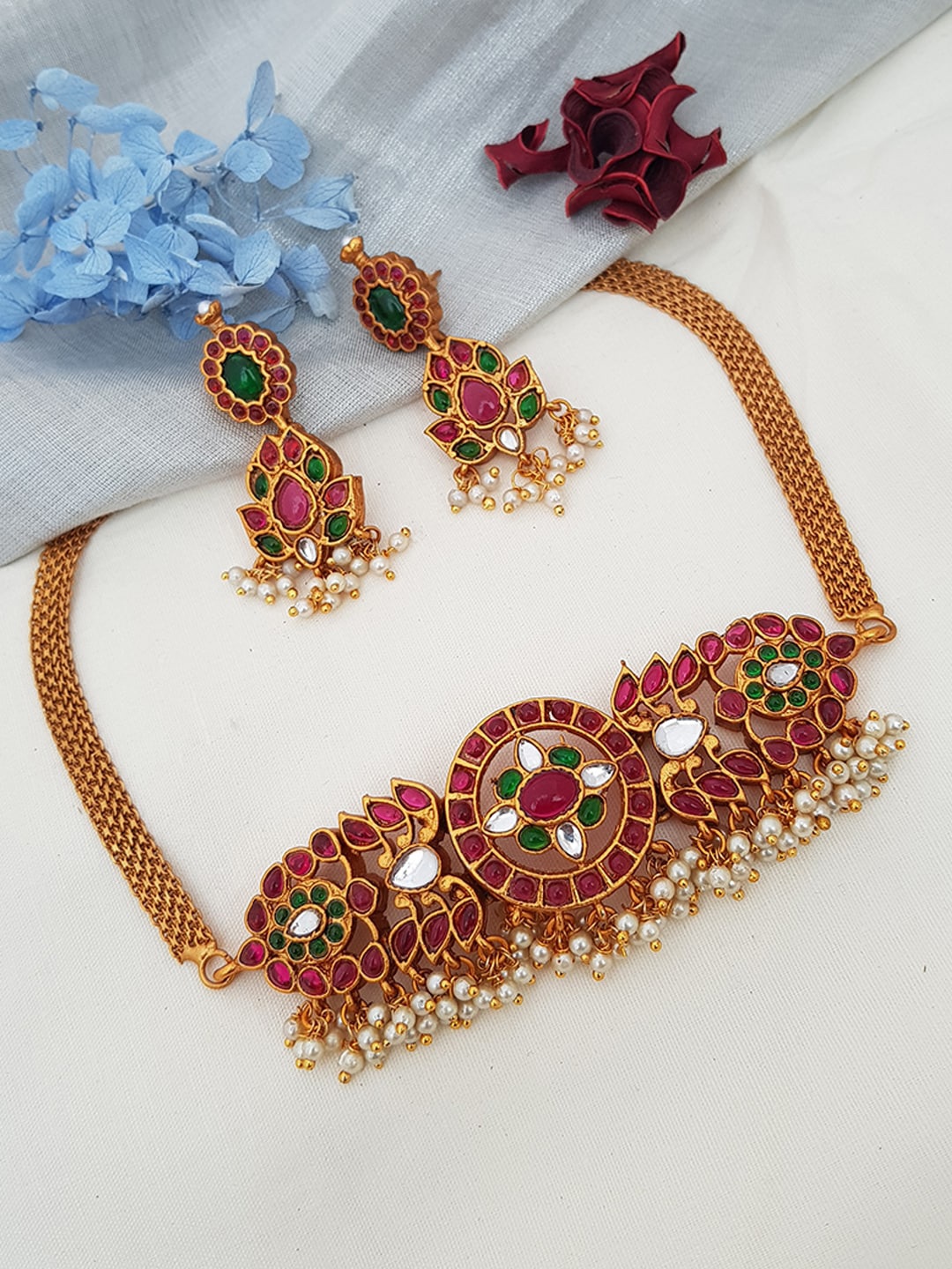 

GRIIHAM Gold-Plated Pink & Green AD-Studded Beaded Jewellery Set