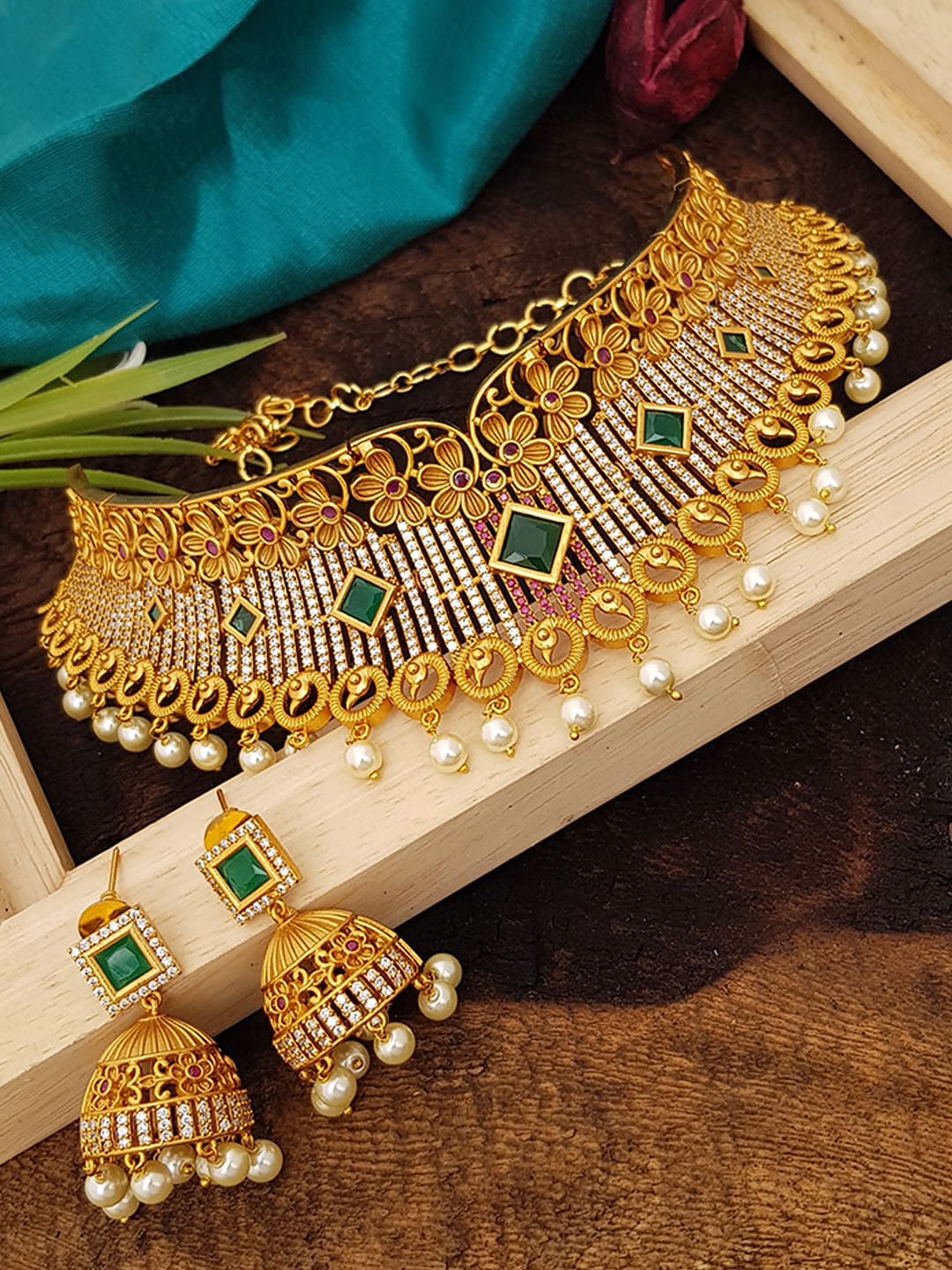 

GRIIHAM Gold-Plated & Green American Diamond Studded Jewellery Set