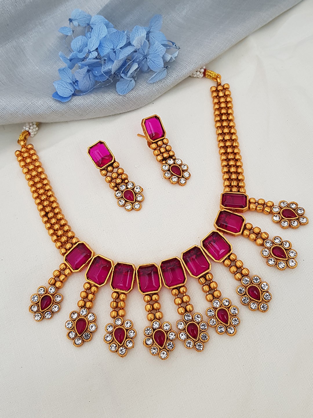 

GRIIHAM Gold-Plated & Pink Stone-Studded Jewellery Set