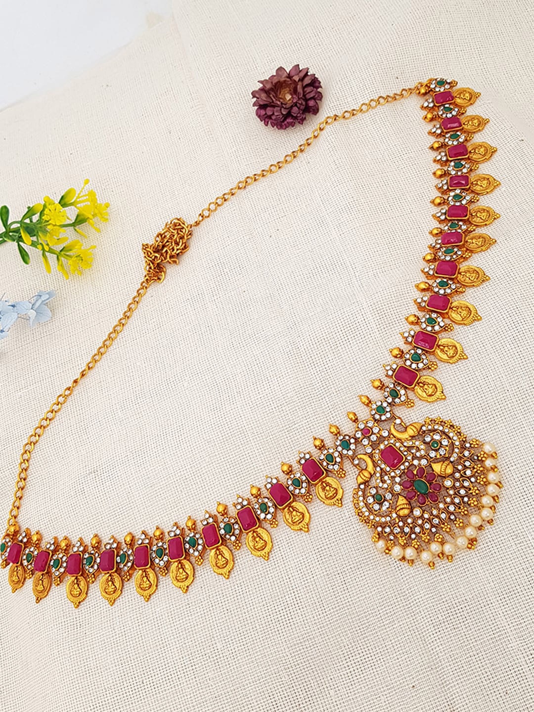 

GRIIHAM Women Gold-Plated Pink & Green CZ-Studded & Beaded Kamarbandh