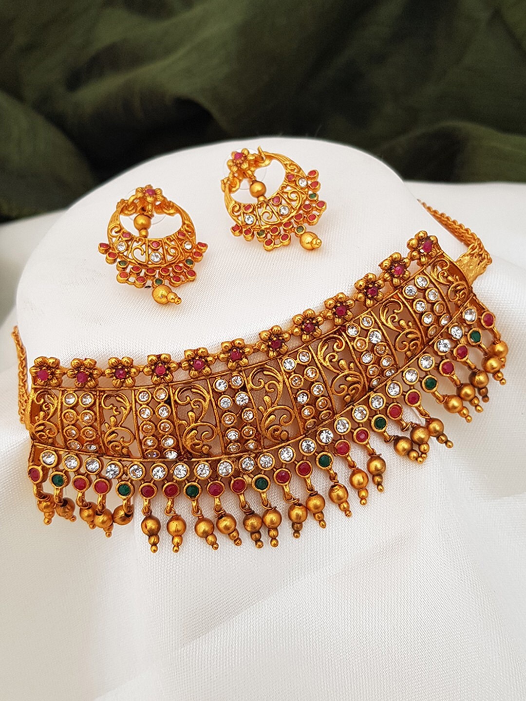 

GRIIHAM Gold-Plated & Pink American Diamond Studded Jewellery Set