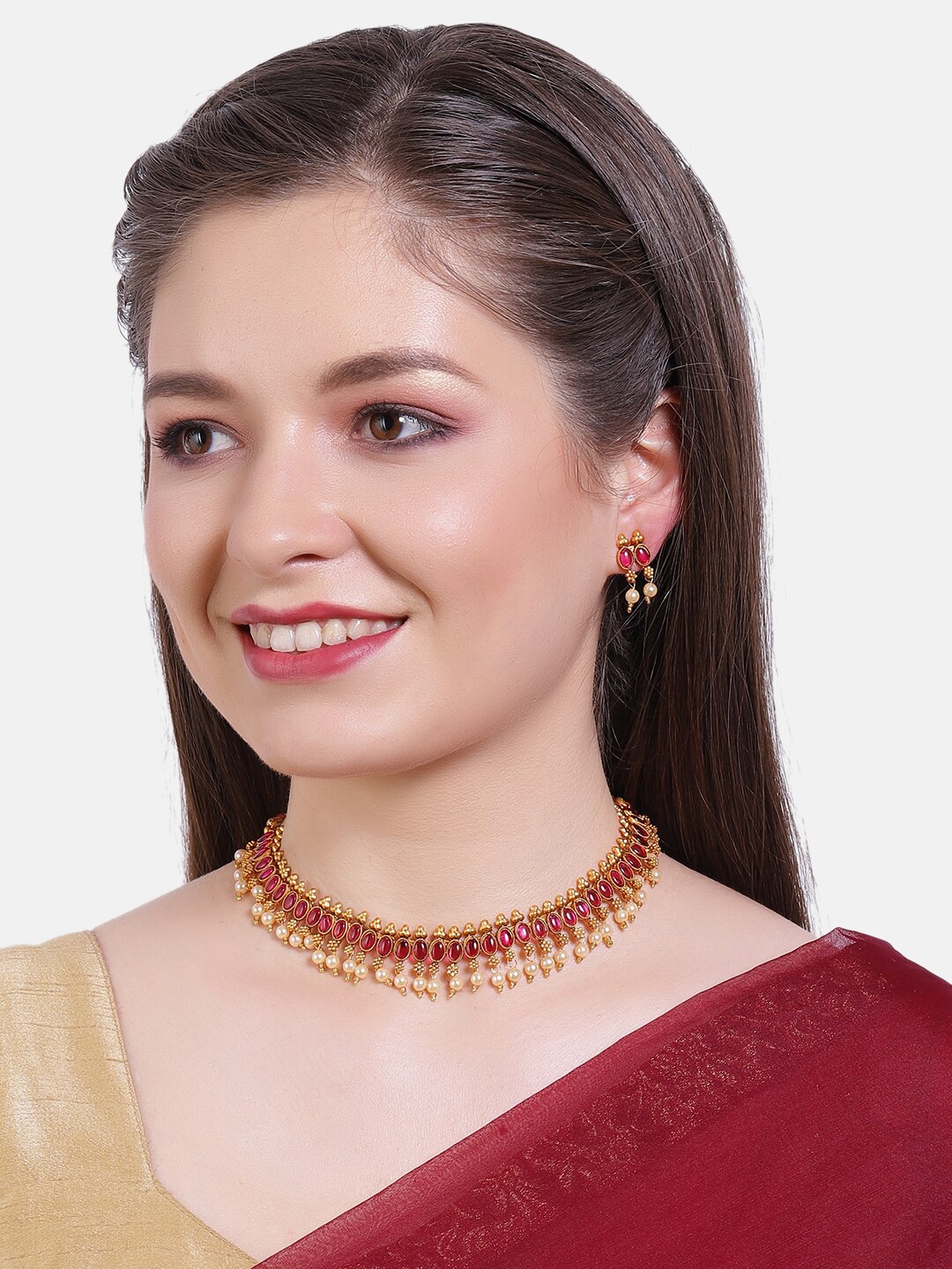 

GRIIHAM Women Gold-Plated Pink Stone-Studded & Pearl Beaded Jewellery Set